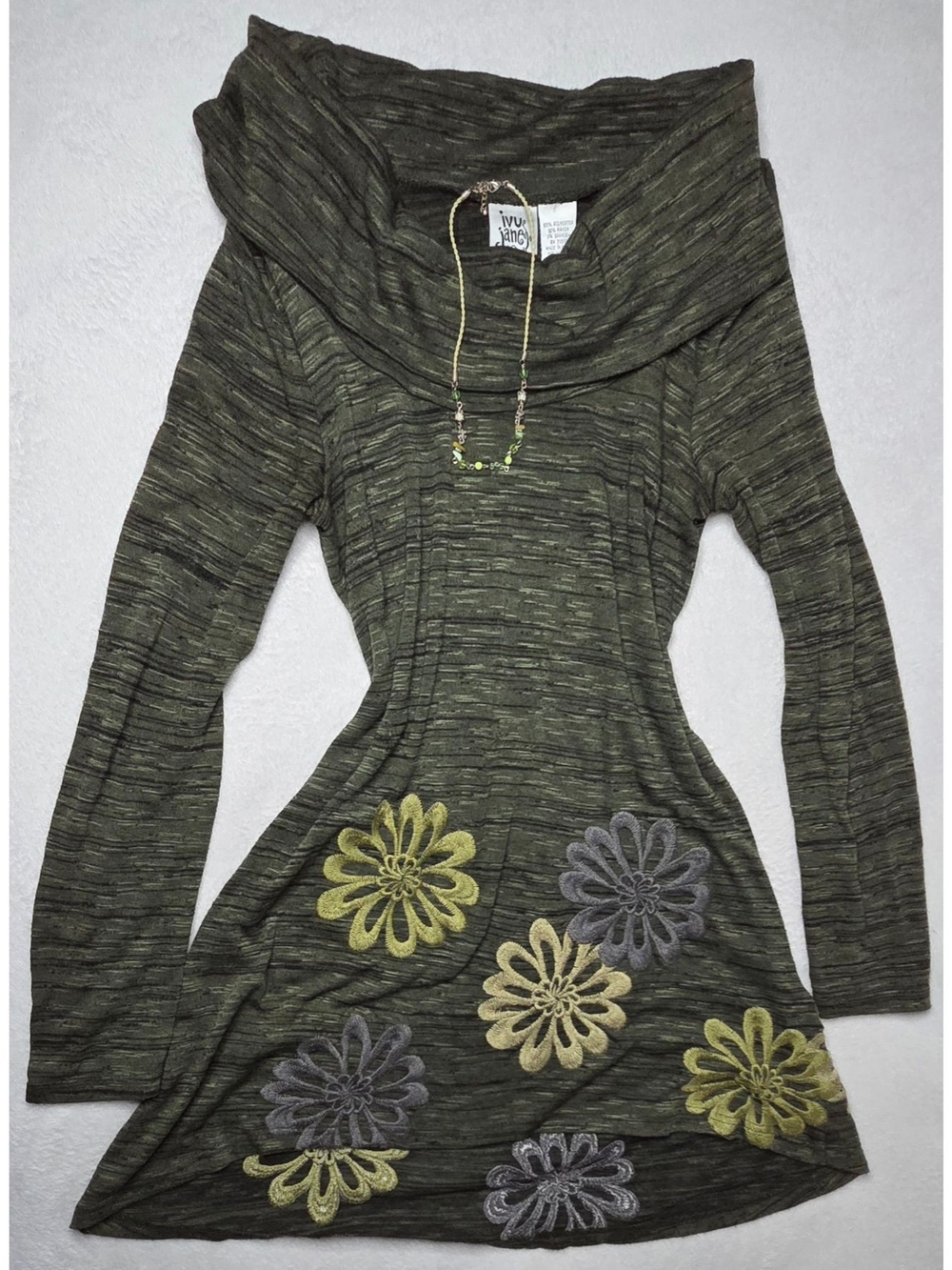 Ivy Jane Olive Green Floral Embroidered Cowl Neck Tunic Top XS